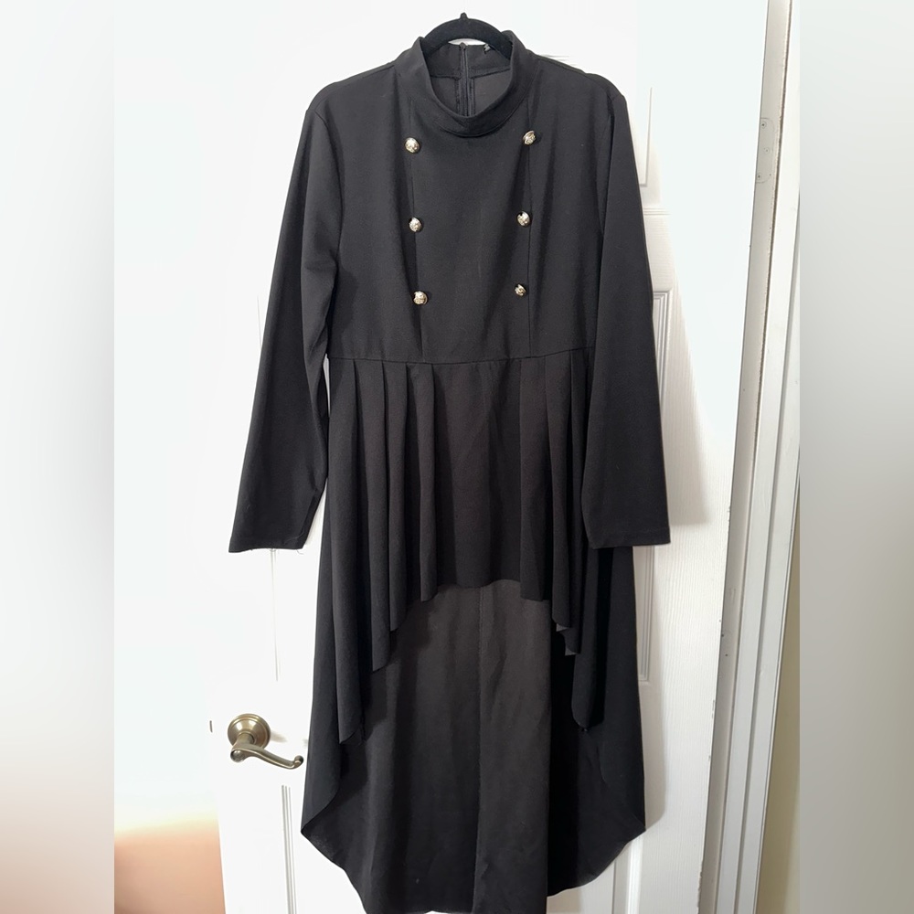 High Low Long Sleeve Black Top with Buttons